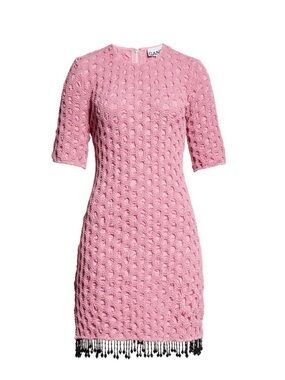 Ganni Pink Textured Knit Mini Dress with Black Fringe